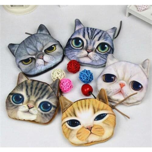 3D Cute Wallet Bag Animal Face Zipper Mini Cat Coin Purses Dog Purse Plush Girls Women Big Capacity Polyester , Plush Square
