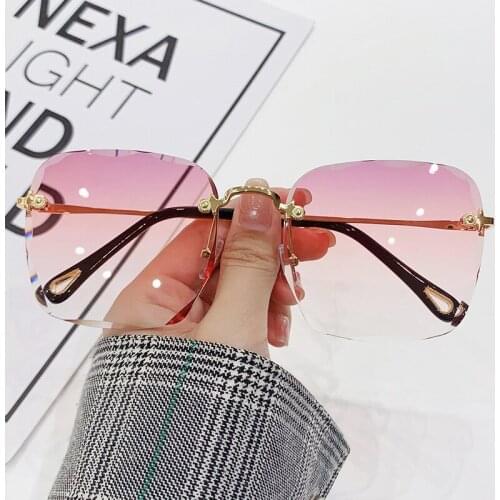 Luxury Rimless Square Sunglasses Women Men Vintage Crystal Oversized Classic Brand Designer Frameless Brown Pink Oculos 2021