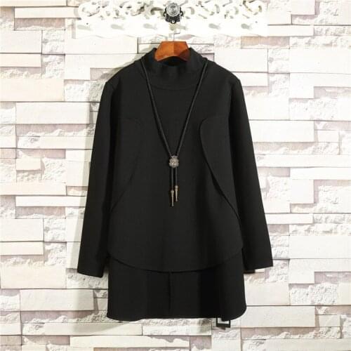 Spring mens small high collar medium long sleeve T-shirt fashion brand large loose irregular horn black fashion mens T-shirt