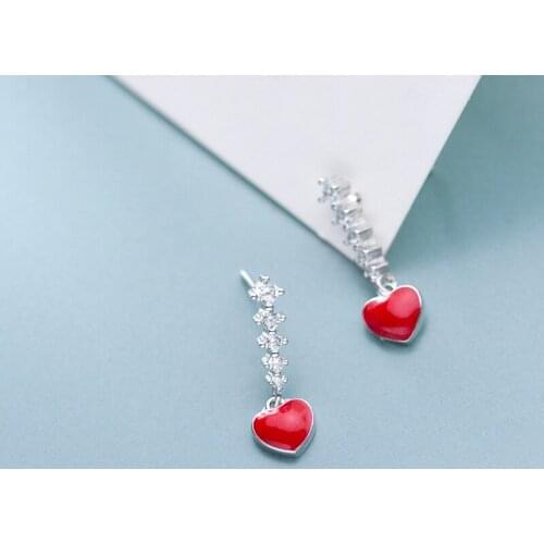 MloveAcc Romantic Genuine 925 Sterling Silver Red Heart Enamel Drop Earrings for Women Fashion Sterling Silver Jewelry