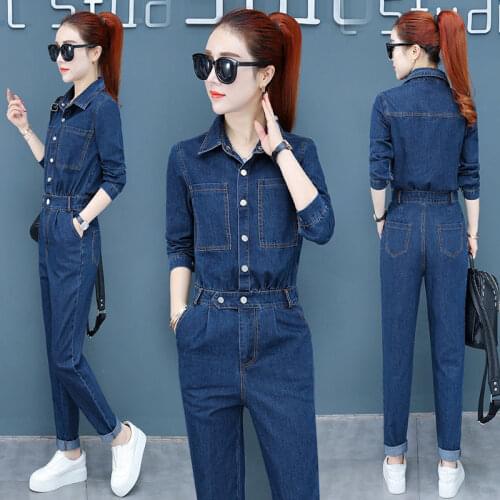 Women 2021 Spring Autumn New Denim Jumpsuit Female Long Sleeve Casual Rompers Streetwear Overalls Pockets Playsuit Bodysuit Y152