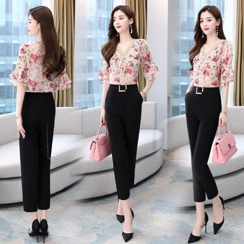 2021 New Summer Women 2 Piece Set Lady Short Sleeve Deep V-neck Floral Shirt Blouse Tops+Pencil Pants Trousers Two Piece Suits