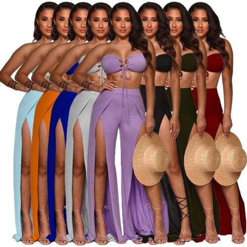 2021 Fashion Women Two Piece Set Off The Shoulder Strapless Bandage Crop Top And High Split Wide Leg Trousers Sexy Club Wear