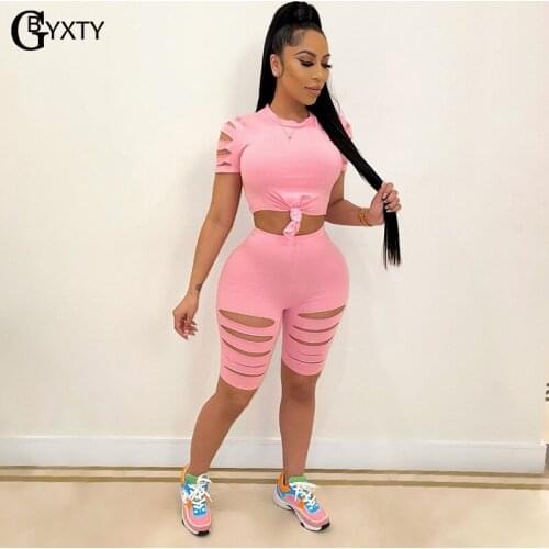 GBYXTY Sport Tracksuit Women 2 Piece Biker Shorts Set Summer Short Sleeve Cut Out T-Shirt and Cut Out Shorts Matching Set ZL1207