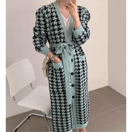 2021 Autumn Houndstooth Knitted Long Cardigans Sweaters Wommen Long Sleeve Singe Breasted V Neck Sashes Vintage Fashion Tops