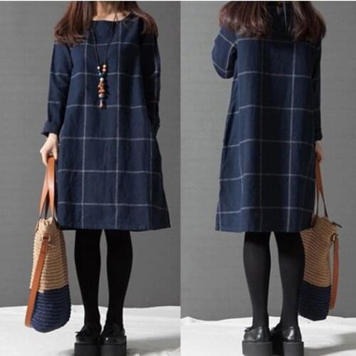Female Fashion Plaid Print Loose Dress Winter Casual Office Dress 2021 Spring Women Long Sleeve Cotton Linen Knee-length Dress