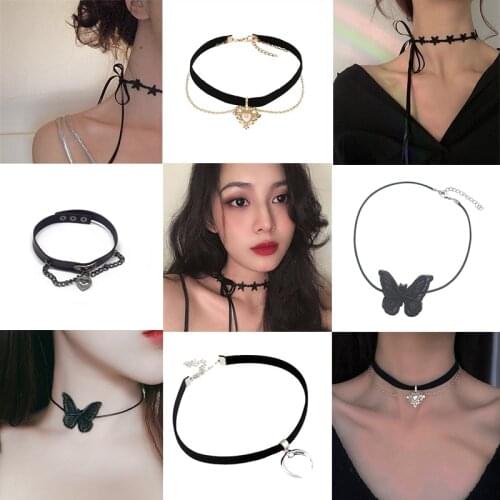 SOHOT European Popular Sexy Black Velvet Leather Lace Black Lace Women Choker Necklce Heart Moon Star Pendant Clavicle Chain