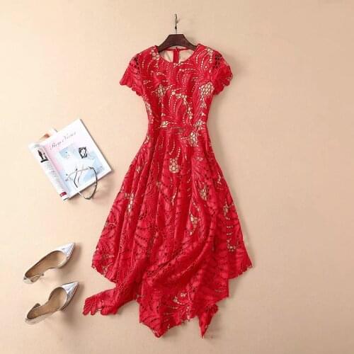 2021 Spring Summer Dress Knee Length Short Sleeve Empire Crew Neck Flora Print Fashion Dress Embroidery Red Black