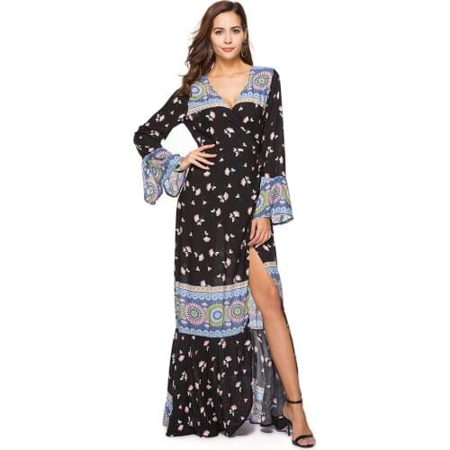 2019 New Summer Dress Fashion Casual Temperament Print Large Size Slim Flare Sleeve Long Sleeve V Neck Long Dress Women ZW189