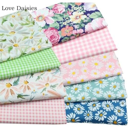 100% Cotton Twill Elegant Navy Big pink Peony Flower Daisy Pink Green Check Floral Fabric for DIY Dress Apparel Patchwork Decor