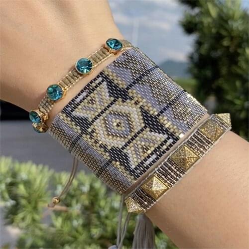BLUESTAR Women 3pcs one set Gemetric Bangles Handmade Bohemian Crystal Bead Micro Pave Zircon MIYUKI Bracelets