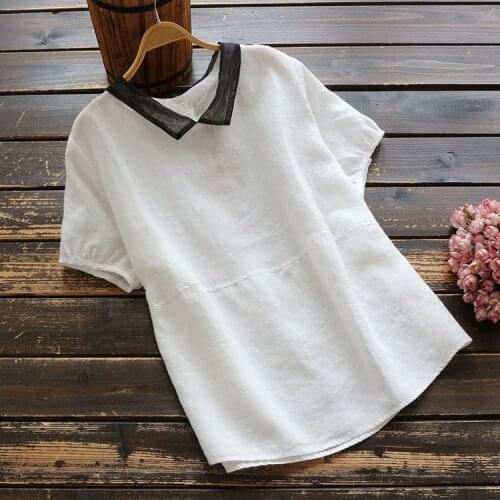 6399 Japan Style Loose Women Casual Linen Short Sleeve Shirt Organza Patchwork Turndown Collar Blouse