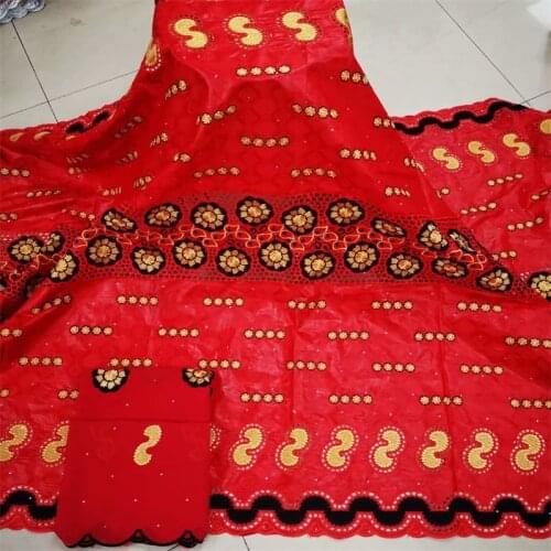 African bazin riche fabric with brode With scarf Latest fashion embroidery bazin lace fabric with net lace 5 + 2 yards red