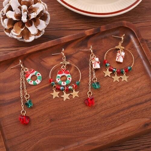 Asymmetry Christmas Long Earrings Red Green Santa Claus Tree Star Jewelry Travel Party Accessories Festival Gift For Friend