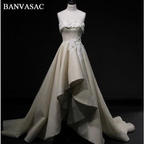 BANVASAC 2018 Real Photos Beadings Strapless High And Low Wedding Dresses Flowers Plus Size Sweep Train Bridal Gowns