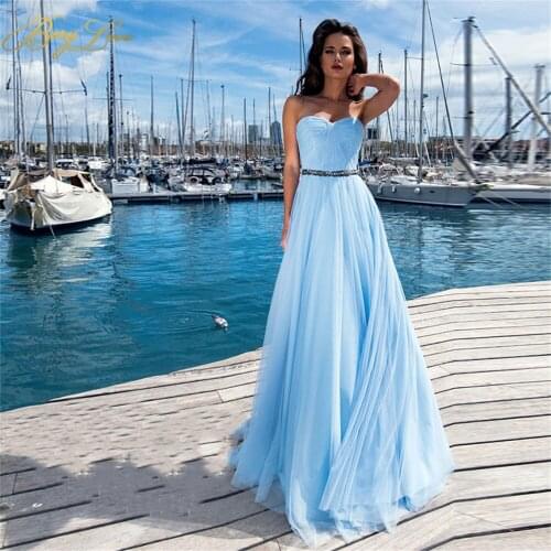 Berylove Long Prom Dress Tiered Tulle Party Gown Strapless Elegant Sweetheart Evening Dresses Sky Blue vestidos de promoción