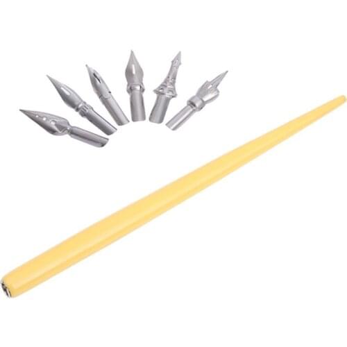 Wooden Manga Comic English Calligraphy Fountain Dip Pen with 6 Nib for Sketching B95C