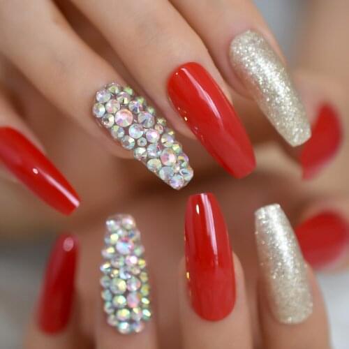 Designed stones Press On Nails Long Red And Gold False Art Nail Coffin For Party With Adhesive Taps 24 pcs