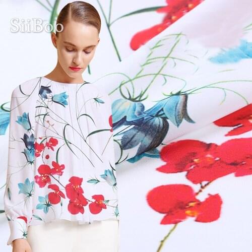 Elegant blue red floral print 100% silk crepe de chine fabric apparel for dress white natural silk tissu fabrc telas 14mm SP5152