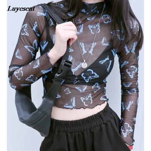 Women Gothic Transparent Mesh Butterfly T Shirt 2021 Hipster Summer Sun Protect Basic Short Length Streetwear Thin Sexy Cool Top