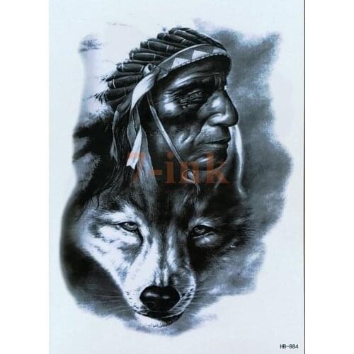 Indian tribes man wolf Temporary Tattoo large body art water Transfer Fake Tattoo Flash tatto for women men 14.5*21cm