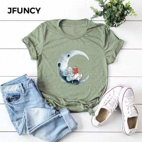 JFUNCY Plus Size Short Sleeve Woman Tshirts Funny Harajuku Print T Shirt Women Casual Loose T-shirt Summer Tees 100% Cotton Tops