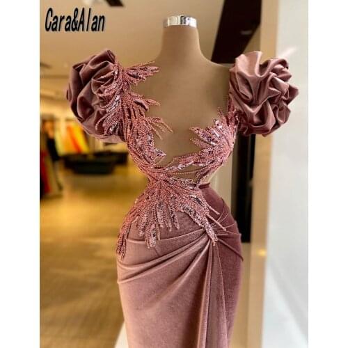 Cara&Alan Formal Velvet Evening Dresses Sheer Neck Short Sleeves Mermaid Prom Dress 2021 Vestidos De La Celebridad