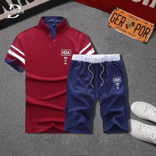 Men Casual Tracksuit Summer Solid Patchwork Slim Fit Mens Sportswear Jogger Sets T-shirts+Shorts Two pieces Sport Suits Clothing