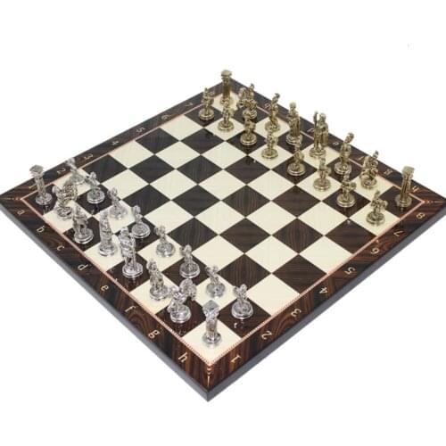 Small Size Metal Roman Chess set And Walnut Pattern Small Board (30x30 Cm.) High Quality Elite Product