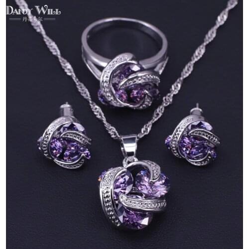 New Women Silver Color Bridal Wedding Costume Jewelry Sets Fine round Pendants Necklaces Earring Rings Set Accessory