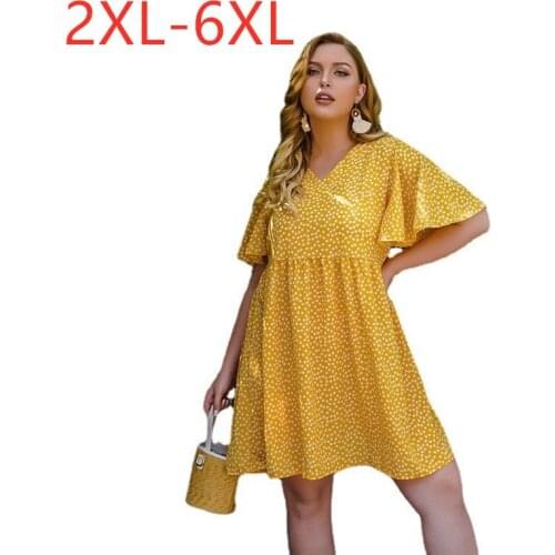 New 2021 Ladies Summer Plus Size Midi Dress For Women Large Short Sleeve Loose Casual Yellow Floral Print Dress 3XL 4XL 5XL 6XL