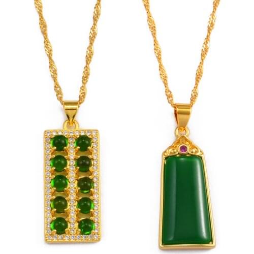 Anniyo Rectangle Charms Pendant Neckalces Chinese Element Ornaments Green Stone Jewelry