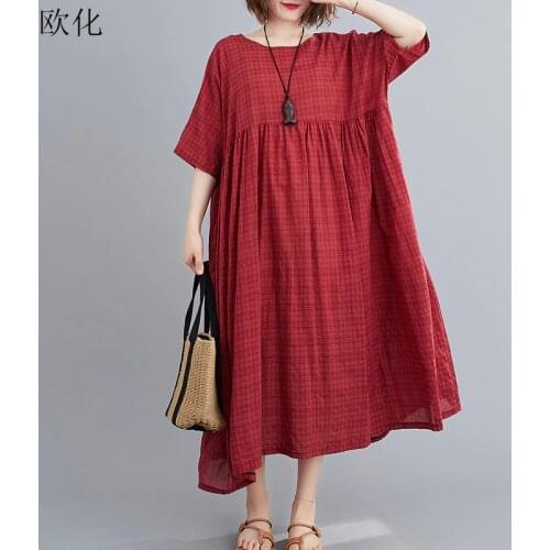 Large Size Casual Cotton Summer Dress Women 2020 Oversized Vintage 4XL 5XL 6XL Plaid Ladies Dresses Large Robe Femme Beach Dress