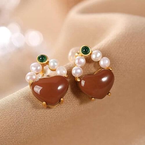 Pure S925 Silver Earrings Natural Red Agate Pearl Stud Earrings Women Earrings