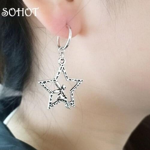 SOHOT Vintage Silver Color Alloy Hollow Star Pendant Women Hoop Earrings Trendy Charming Girl Party Jewelry Brincos