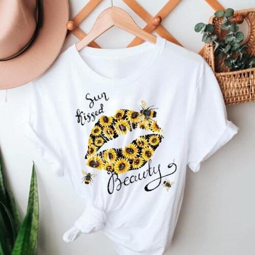 Women Fashion Floral Flower Bee Printing Clothing Short Sleeve Tshirts Clothes Graphic T Top Lady Print Female Tee T-Shirt