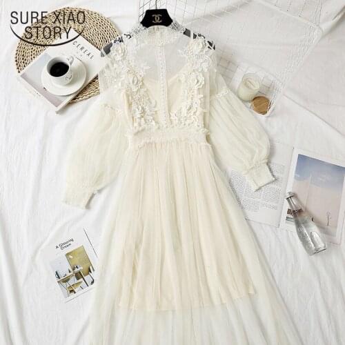 Women Lace Flower Dress Women New Arrivals Lantern Sleeve Voile Long Dress Lady Hook Princess Chic Dresses 2 Piece Set 12041