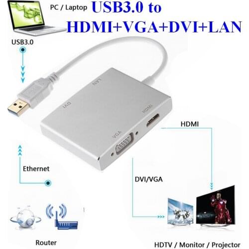 20set/lot USB 3.0 Hub USB3.0 to 4K HDMI VGA DVI RJ45 LAN 10/100/1000 Gigabit Ethernet Lan 4in1 Video Adapter Converter Cable