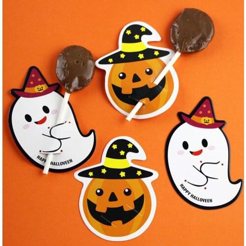 50Pcs Pumpkin Ghost Print Halloween Candy Lollipop Paper Cards Holder DIY Decoration