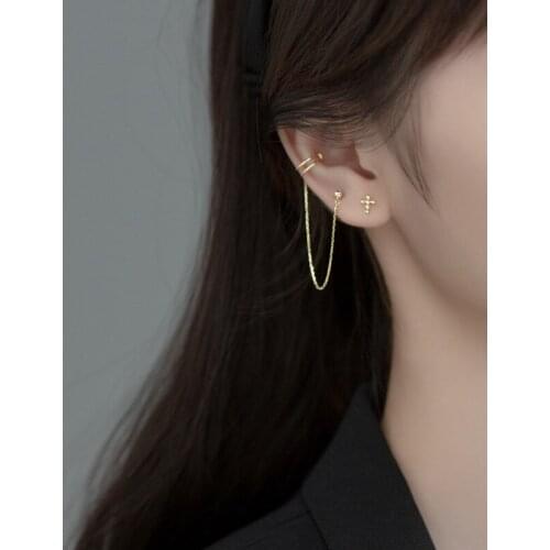 Dissymmetry earrings Real. 925 Sterling Silver Piercing cross & double rows Cuff Bead ear-bone Clip On Earrings Tassel C-G9645