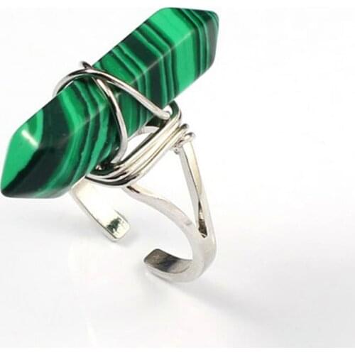 Kraft-beads Trendy Silver Plated Hexagon Column Wire Winding Resizable Malachite Stone Rings For Women Jewelry