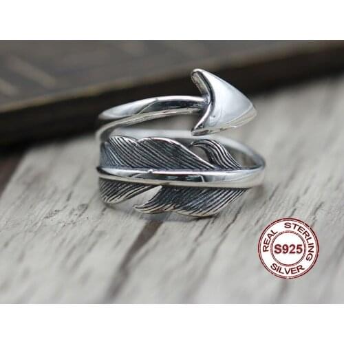 S925 Sterling Silver Ring in Indian style retro point gold to create Personality classic feather series Send a gift to love
