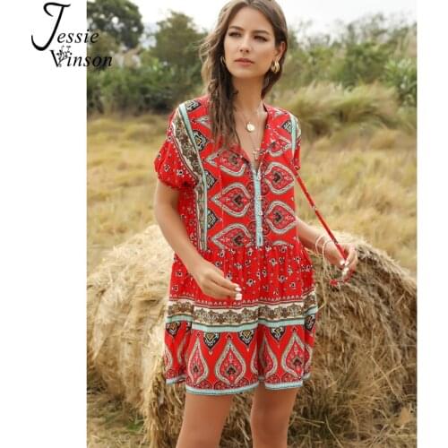 Jessie Vinson Boho Short Sleeve Short Jumpsuit Women Playsuit Summer Bohemian Print V-neck Tie up Jumpsuits Rompers Holiday 2020
