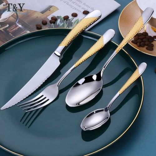 T&Y 4pcs/Set #304 Stainless Steel Silverware Tableware Set w/Gold Accents – Spoons, Knives, Teaspoons, Forks Dinnerware Set