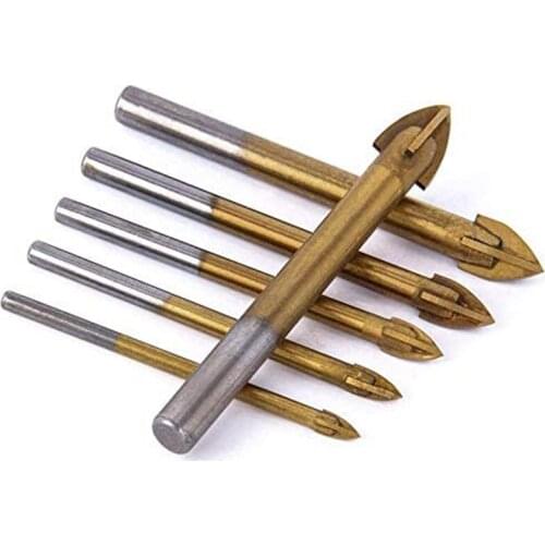 6Pcs Titanium Coated Glass Drill Bits Set 4 Cutting Edges Cross Spear Head Drill With Hex Shank For Ceramic Tile and Glass