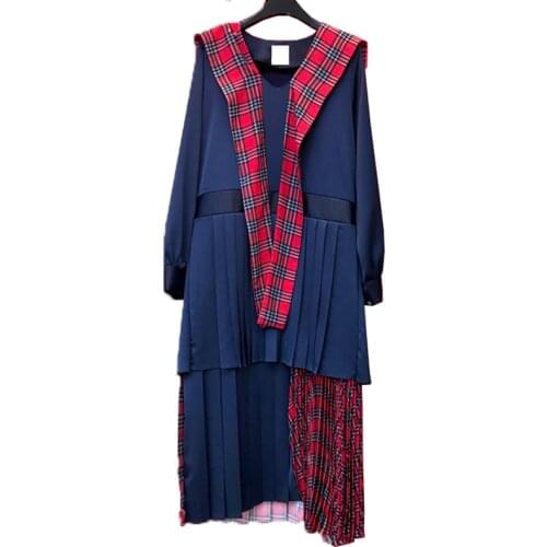 PERHAPS U Navy Blue Sailor Collar Long Sleeve Plaid Patchwork Pleated Asymmetrical Midi Drees Autumn Spring D2363