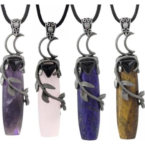 Retro Stone Point Pendant Necklaces Leaves Moon Charm Natural Amethysts Lapis Pink Crystal Quartz Necklace Long Pendulum Femme