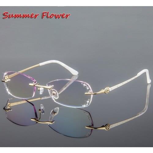 Chashma Luxury Colored Lenses Diamond Trimmed Women Quality Titanium Glasses Frame Rhinestone Lenses Fashion Rimless Eyeglasses