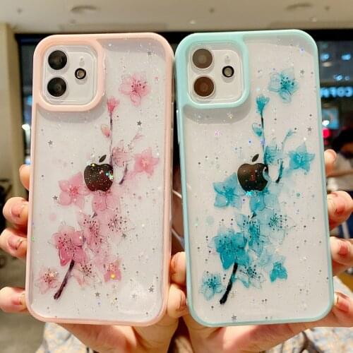 Luxury Transparent Glitter Flowers Shockproof Case For iPhone 11 12 Pro Max X XR XS Max 7 8 Plus SE 2020 Bumper Soft Back Cover