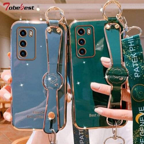 Lanyard Wrist Strap Hand Band Plating Silicone Case For Huawei P40 P30 P20 Lite Pro Coque Stand Soft TPU Cover